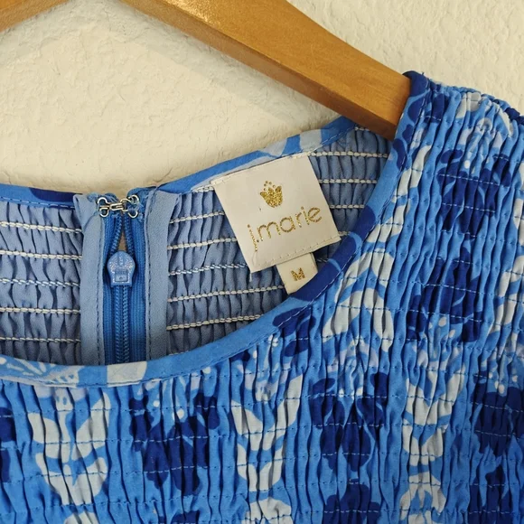 J. Marie Nwot The Luna Ruched Midi Floral Blue Dress Ruffle Sleeves Sz Medium - Picture 11 of 16